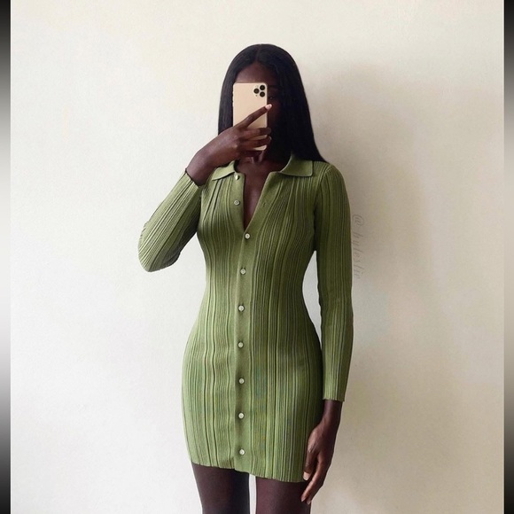 NEW Meshki rib bodycon knit stretch forest Green polo collar LS sweater dress XS - Picture 2 of 6